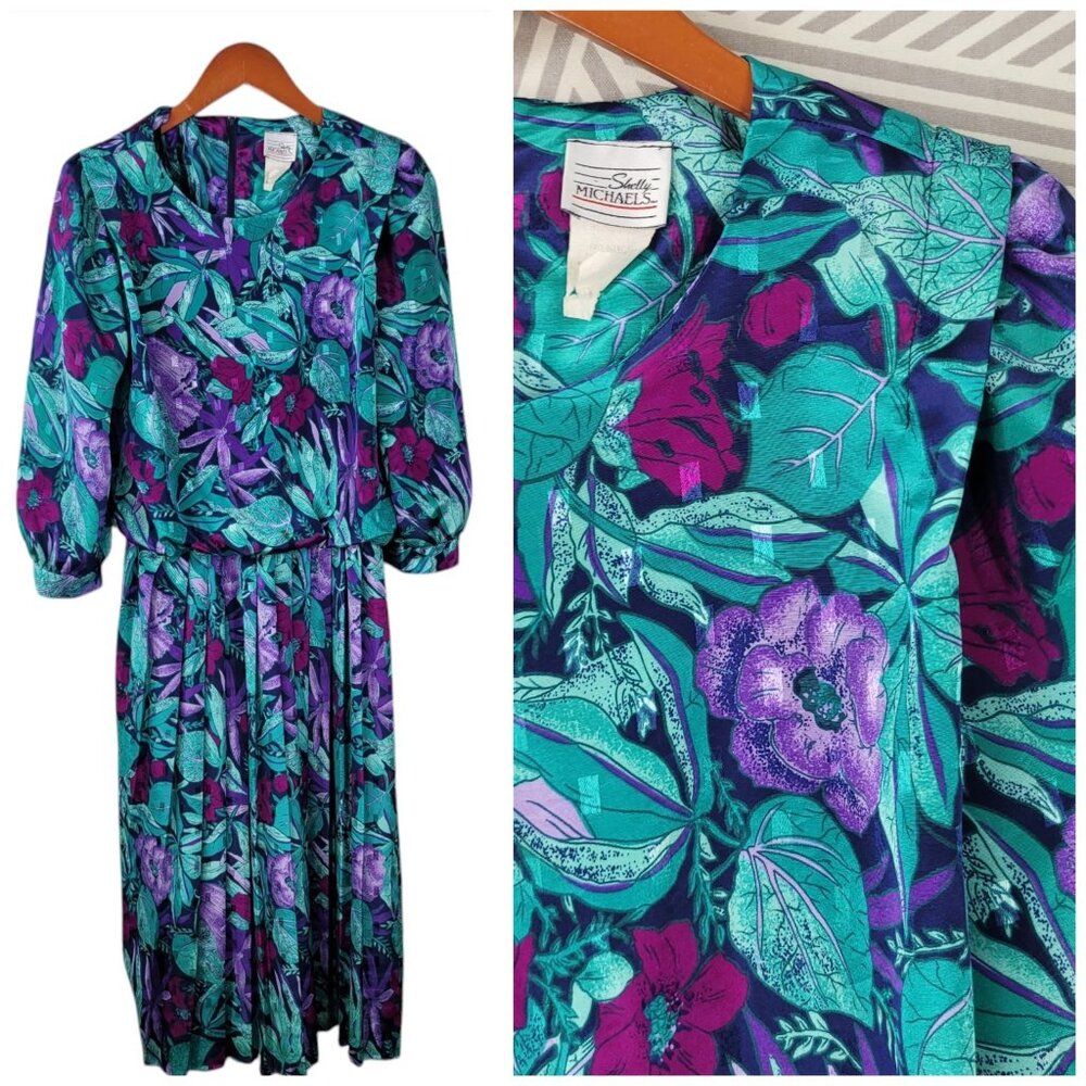 Vintage Floral Shirt Dress 12/14 Large Midi Alt Green Pink Pleated Skirt Career